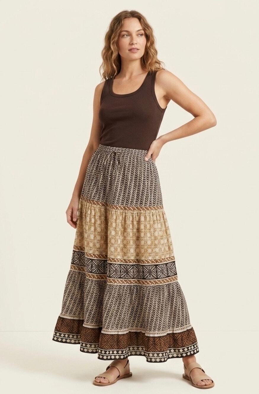 White Stag Boho Tiered Maxi Skirt Brown Festival Hippie Gypsy Cottagecore Size L